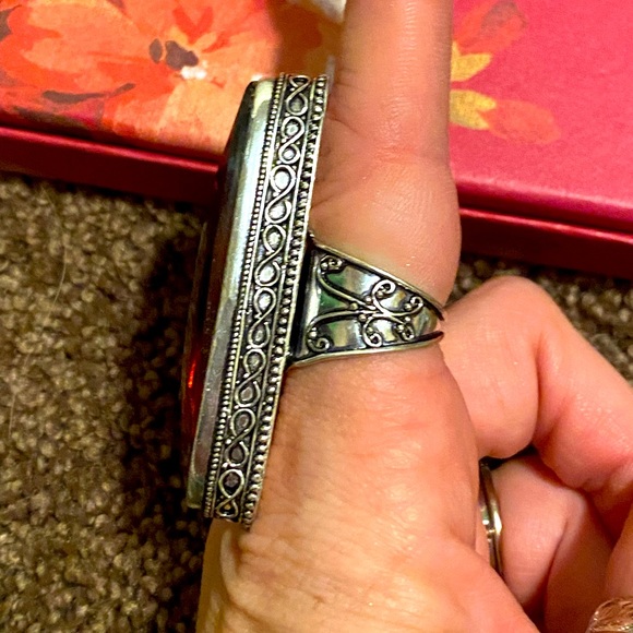 Oblong Victorian Red Beveled Stone Ring - Sz 8 - Picture 2 of 7